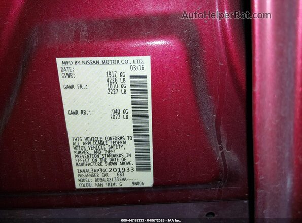 1N4AL3AP3GC201933 2016 NISSAN ALTIMA Maroon Շարժիչի բաժամունքի տեսք