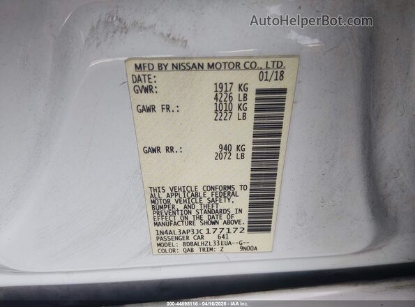 1N4AL3AP3JC177172 2018 NISSAN ALTIMA White ძრავის განყოფილების ხედი