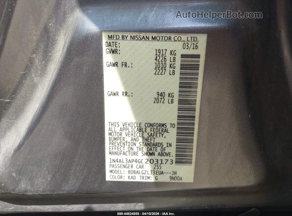 1N4AL3AP4GC203173 2016 NISSAN ALTIMA Gray Вид підкапотного простору