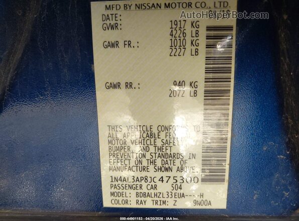 1N4AL3AP8JC475300 2018 NISSAN ALTIMA Blue Widok komory silnika
