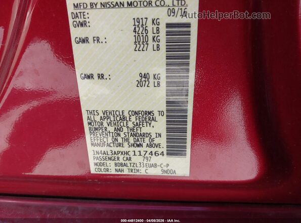 1N4AL3APXHC117464 2017 NISSAN ALTIMA Maroon Շարժիչի բաժամունքի տեսք