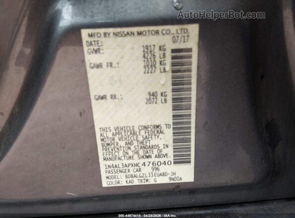 1N4AL3APXHC476040 2017 NISSAN ALTIMA Gray Widok komory silnika