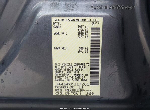 1N4AL3APXJC117261 2018 NISSAN ALTIMA Серый Вид подкапотного пространства