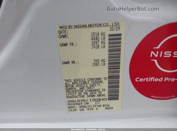 1N4AL4CV0LC190840 2020 NISSAN ALTIMA Белый Вид подкапотного пространства