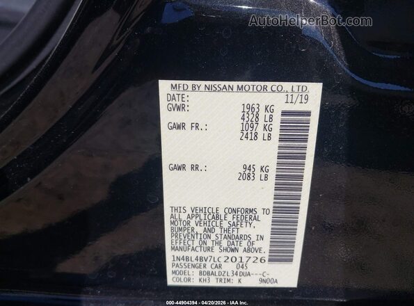 1N4BL4BV7LC201726 2020 NISSAN ALTIMA Черный Вид подкапотного пространства