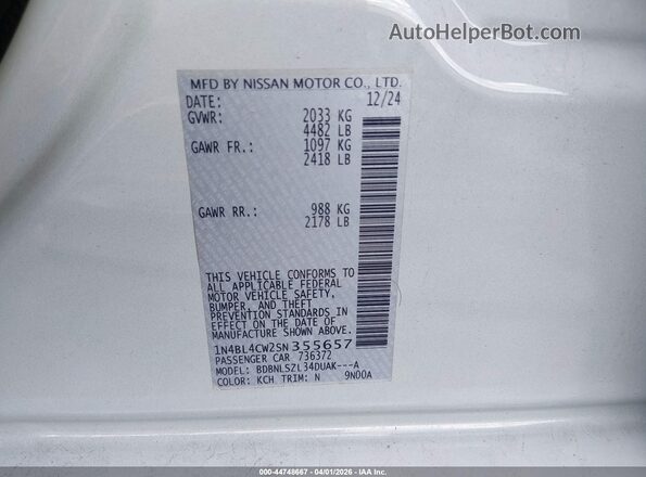 1N4BL4CW2SN355657 2025 NISSAN ALTIMA White Widok komory silnika