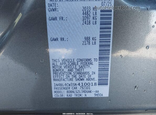 1N4BL4CW3SN410018 2025 NISSAN ALTIMA Gray Widok komory silnika