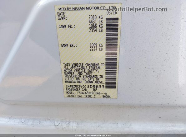 1N4BZ0CP7GC309633 2016 NISSAN LEAF White Widok komory silnika