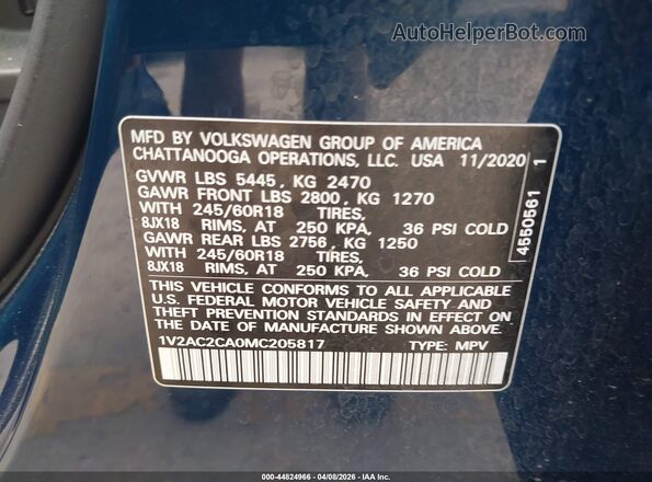1V2AC2CA0MC205817 2021 VOLKSWAGEN ATLAS Dark Blue Widok komory silnika