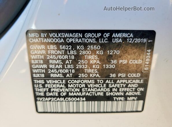 1V2AP2CA9LC500434 2020 VOLKSWAGEN ATLAS Белый Вид наклейки с VIN-кодом