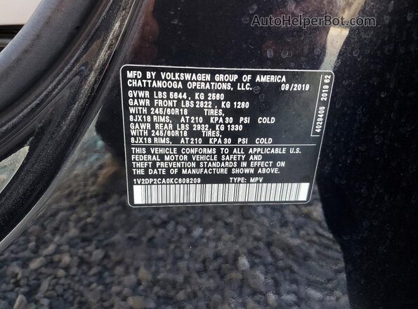 1V2DP2CA0KC608209 2019 VOLKSWAGEN ATLAS Черный Панорамный вид салона 360°