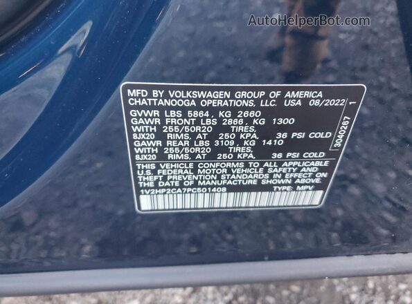 1V2HP2CA7PC501408 2023 VOLKSWAGEN ATLAS Blue VIN sticker view