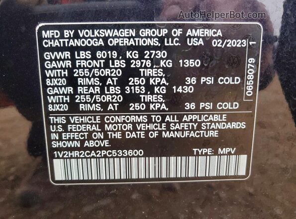 1V2HR2CA2PC533600 2023 VOLKSWAGEN ATLAS Черный Вид наклейки с VIN-кодом
