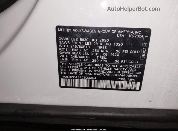 1V2LR2CA3RC623304 2024 VOLKSWAGEN ATLAS White Вид підкапотного простору