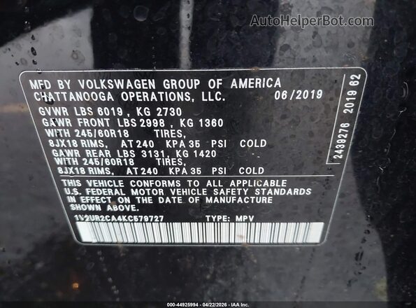 1V2UR2CA4KC579727 2019 VOLKSWAGEN ATLAS Black Widok komory silnika