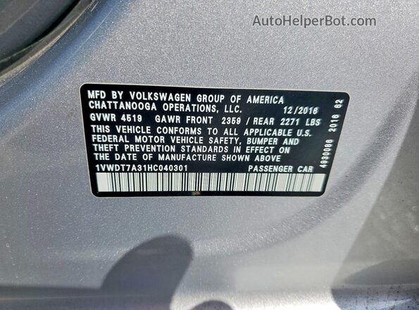1VWDT7A31HC040301 2017 VOLKSWAGEN PASSAT Silver Widok komory silnika