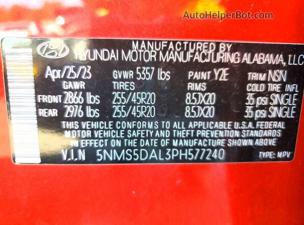 5NMS5DAL3PH577240 2023 HYUNDAI SANTA FE CALLIGRAPHY Красный Панорамный вид салона 360°