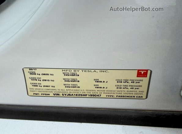 5YJSA1E25HF199047 2017 TESLA MODEL S Белый Вид задней части салона