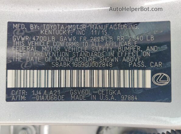 58ABK1GG9GU002848 2016 LEXUS ES Серебряный Вид наклейки с VIN-кодом