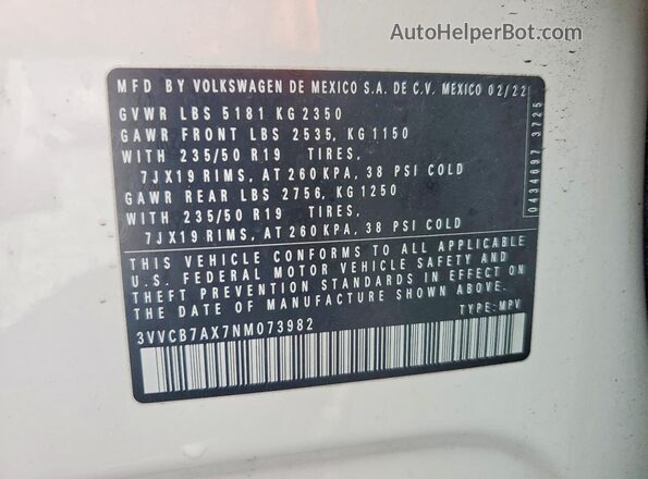 3VVCB7AX7NM073982 2022 VOLKSWAGEN TIGUAN Белый Вид наклейки с VIN-кодом