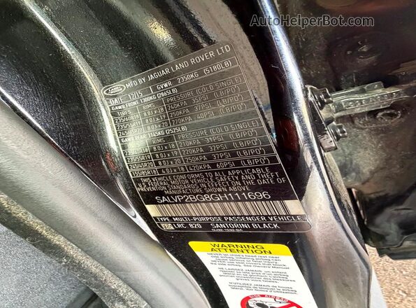 SALVP2BG8GH111696 2016 LAND ROVER RANGE ROVER Black Widok wnętrza z tyłu