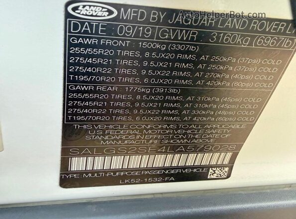 SALGS2SE4LA579028 2020 LAND ROVER RANGE ROVER White Սալոնի հետևի տեսք
