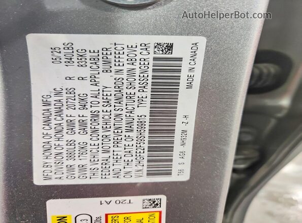 2HGFE2F59SH599815 2025 HONDA CIVIC Silver VIN կոդի պիտակի տեսք