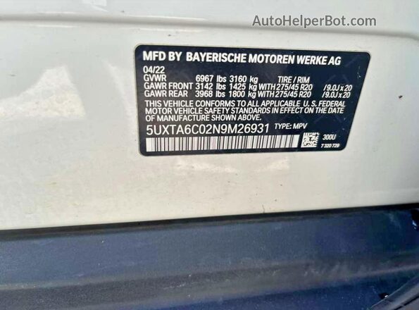 5UXTA6C02N9M26931 2022 BMW X5 Белый Вид задней части салона
