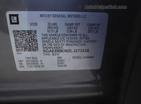 5GAERBKW2LJ273434 2020 BUICK ENCLAVE Серый Вид задней части салона