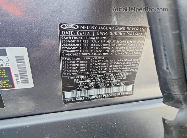 SALWR2PF5GA101490 2016 LAND ROVER RANGE Gray Widok wnętrza 360 stopni