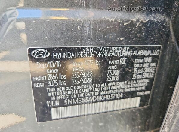 5NMS53AD8KH037104 2019 HYUNDAI SANTA Charcoal Widok wnętrza 360 stopni