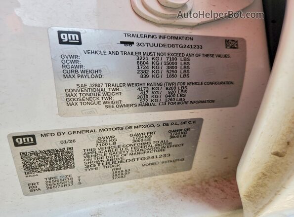 3GTUUDED8TG241233 2026 GMC SIERRA Белый Панорамный вид салона 360°