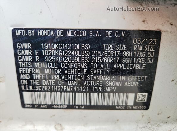 3CZRZ1H37PM741121 2023 HONDA HR-V White Панорамний вид салону 360°