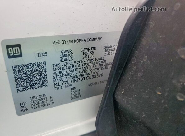 KL77LHEP3TC088570 2026 CHEVROLET TRAX White Widok wnętrza 360 stopni