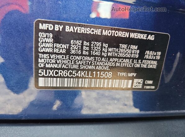 5UXCR6C54KLL11508 2019 BMW X5 Синий Вид наклейки с VIN-кодом