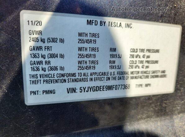 5YJYGDEE9MF077368 2021 TESLA MODEL Y Серый Панорамный вид салона 360°