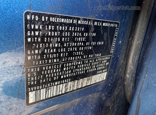 3VV0B7AX7LM015922 2020 VOLKSWAGEN TIGUAN Blue უკანა სალონის ხედი