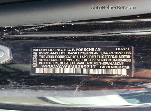 WP0CA2A93MS239717 2021 PORSCHE 911 Черный Вид наклейки с VIN-кодом