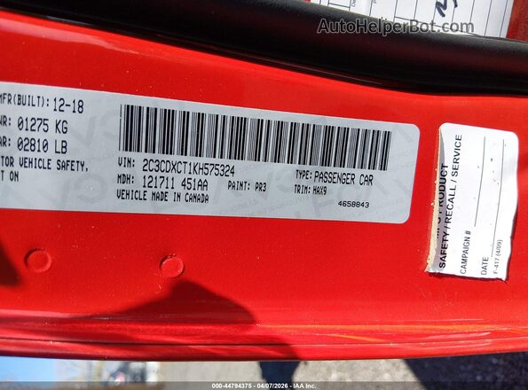 2C3CDXCT1KH575324 2019 DODGE CHARGER Red ძრავის განყოფილების ხედი