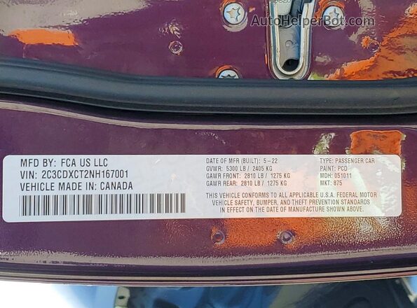 2C3CDXCT2NH167001 2022 DODGE CHARGER Purple Widok naklejki z numerem VIN