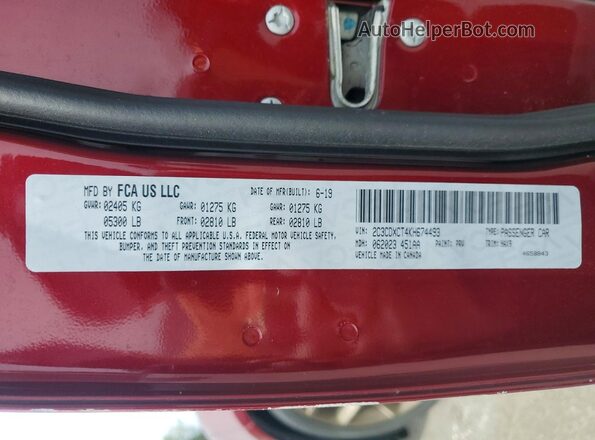 2C3CDXCT4KH674493 2019 DODGE CHARGER Burgundy ძრავის განყოფილების ხედი