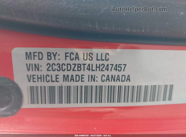 2C3CDZBT4LH247457 2020 DODGE CHALLENGER Оранжевый Вид подкапотного пространства