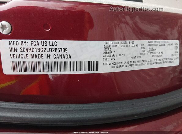 2C4RC1BG2LR266709 2020 CHRYSLER PACIFICA Темно-бордовый Вид подкапотного пространства