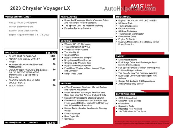 2C4RC1CG8PR524896 2023 CHRYSLER VOYAGER Серебряный Вид наклейки с VIN-кодом