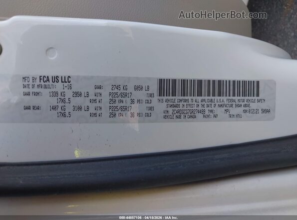 2C4RDGCG7GR274499 2016 DODGE GRAND CARAVAN White Vista del compartimento del motor