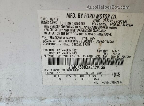 2FMGK5B8XKBA29138 2019 FORD FLEX Белый Вид наклейки с VIN-кодом
