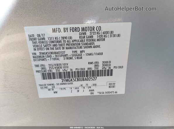 2FMGK5C80JBA02527 2018 FORD FLEX Серебряный Вид подкапотного пространства