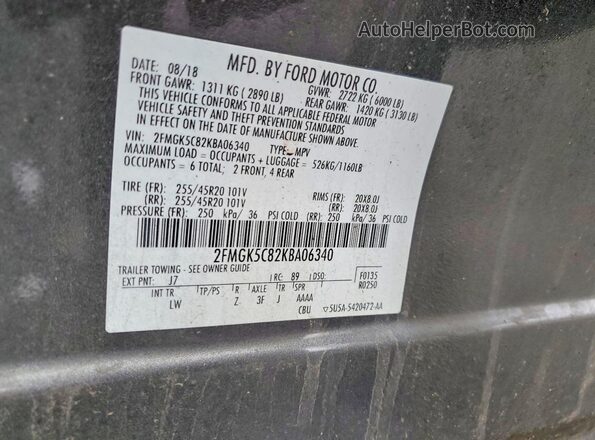 2FMGK5C82KBA06340 2019 FORD FLEX Gray Widok naklejki z numerem VIN