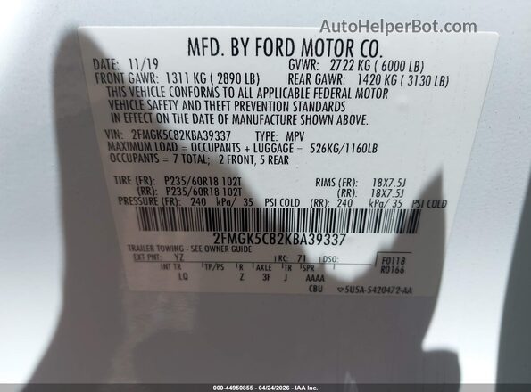 2FMGK5C82KBA39337 2019 FORD FLEX White ძრავის განყოფილების ხედი