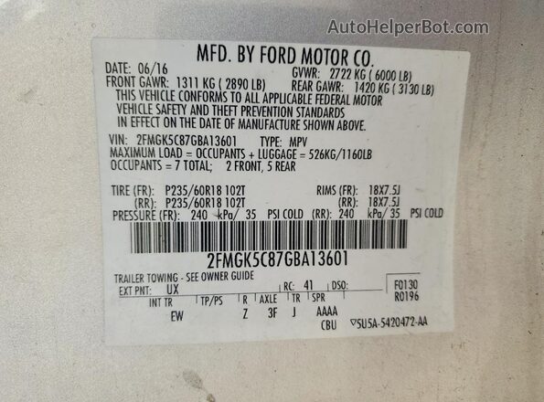 2FMGK5C87GBA13601 2016 FORD FLEX Silver Вид наклейки з VIN-кодом
